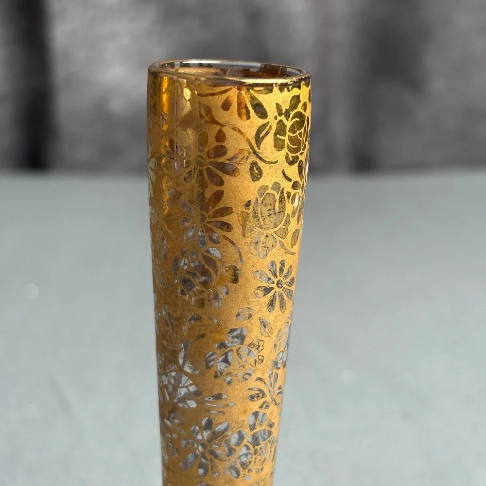 Vintage Ransgil Crystal 22K Gold Encrusted Floral Bud Vases Pair 1940s 1950s